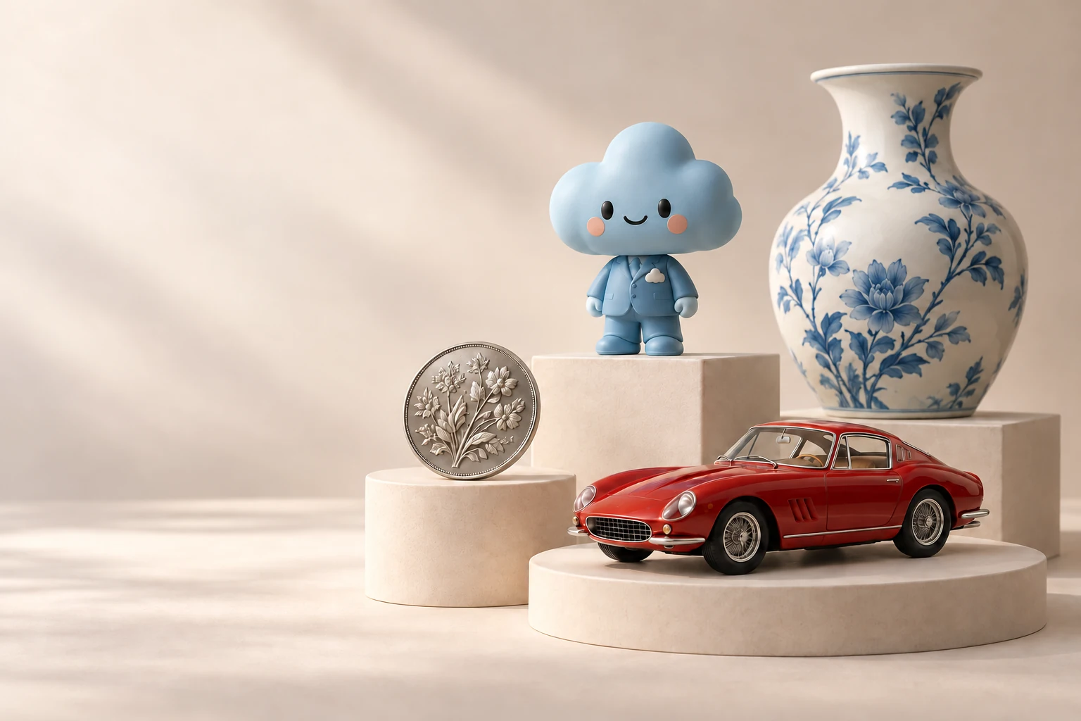 A designer figure, silver coin, red model car, and ceramic vase arranged on display plinths
